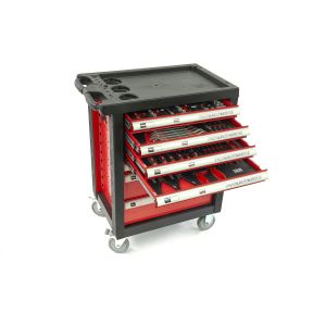Set orodja v vozičku s 7 predali, karbonski vložki, rdeči, 154 delni